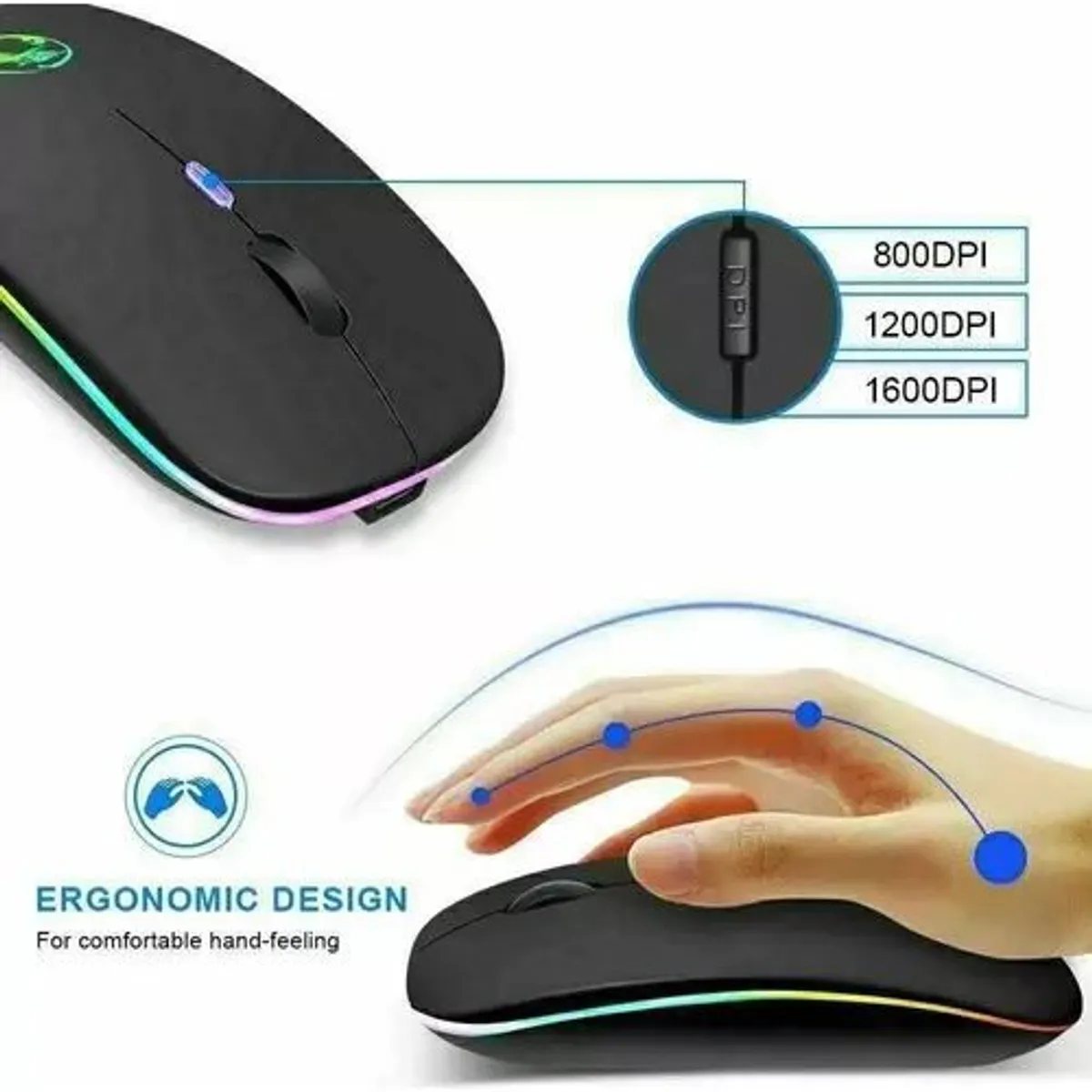 KUANGYE - Mouse Inalámbrico Ergonomico Ratón Wireless Recargable Led