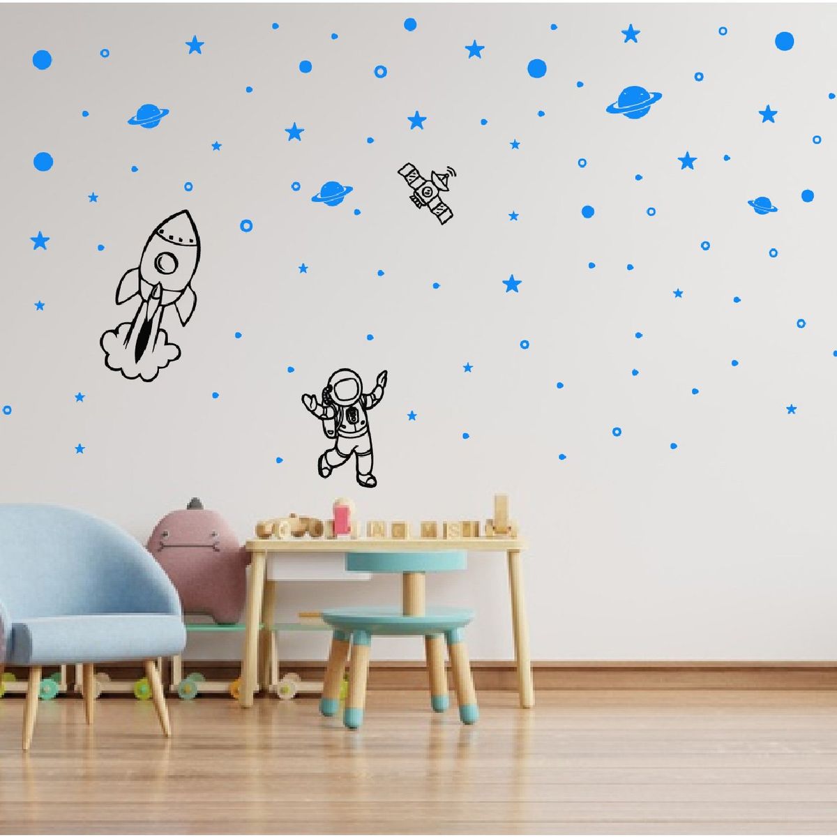 GENERICO - Sticker Decorativo Infantil Astronauta Nave Espacial  Negro Azul