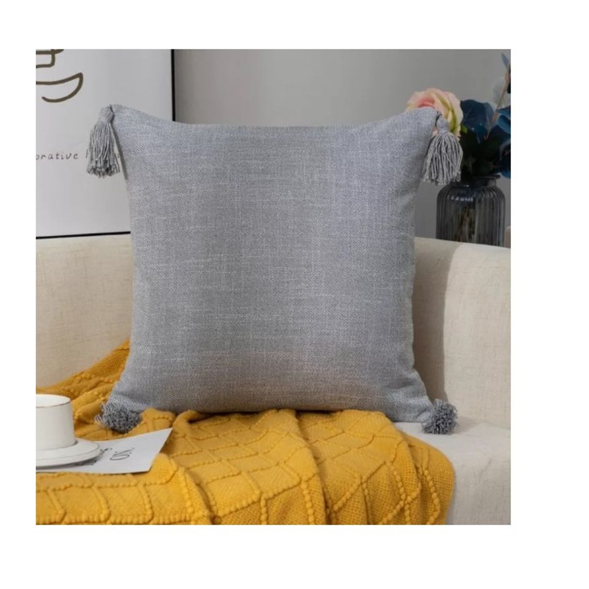 GENERICO - Pack 2 Fundas Para Cojin De Lino Con Pompones 45x45cm Gris