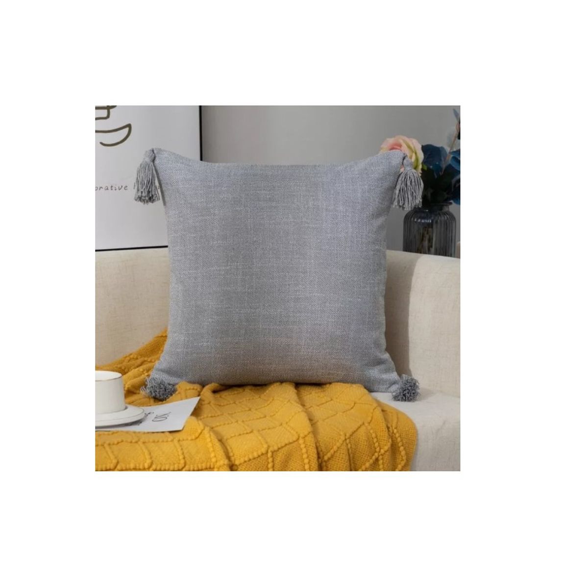 GENERICO - Pack 2 Fundas Para Cojin De Lino Con Pompones 45x45cm Gris