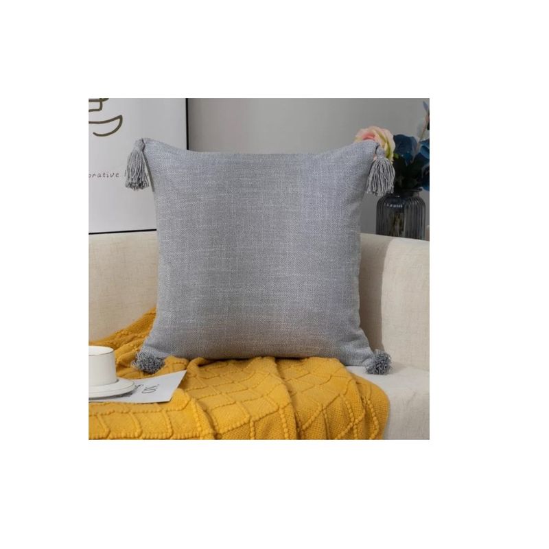 GENERICO - Pack 2 Fundas Para Cojin De Lino Con Pompones 45x45cm Gris