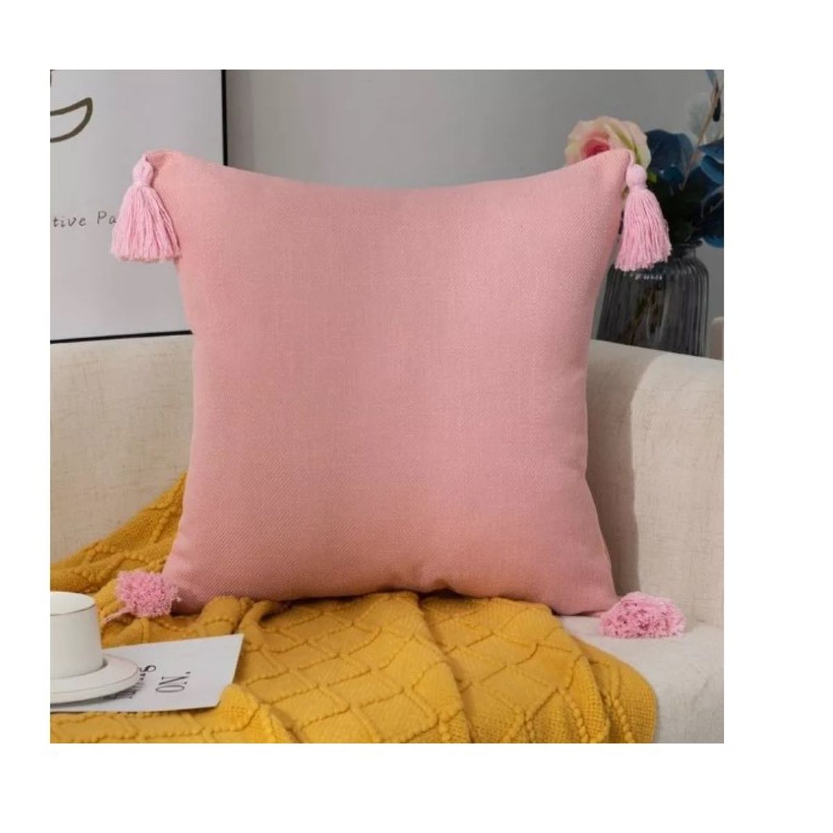 GENERICO - Pack 2 Fundas Para Cojin De Lino Con Pompones 45x45cm Rosa