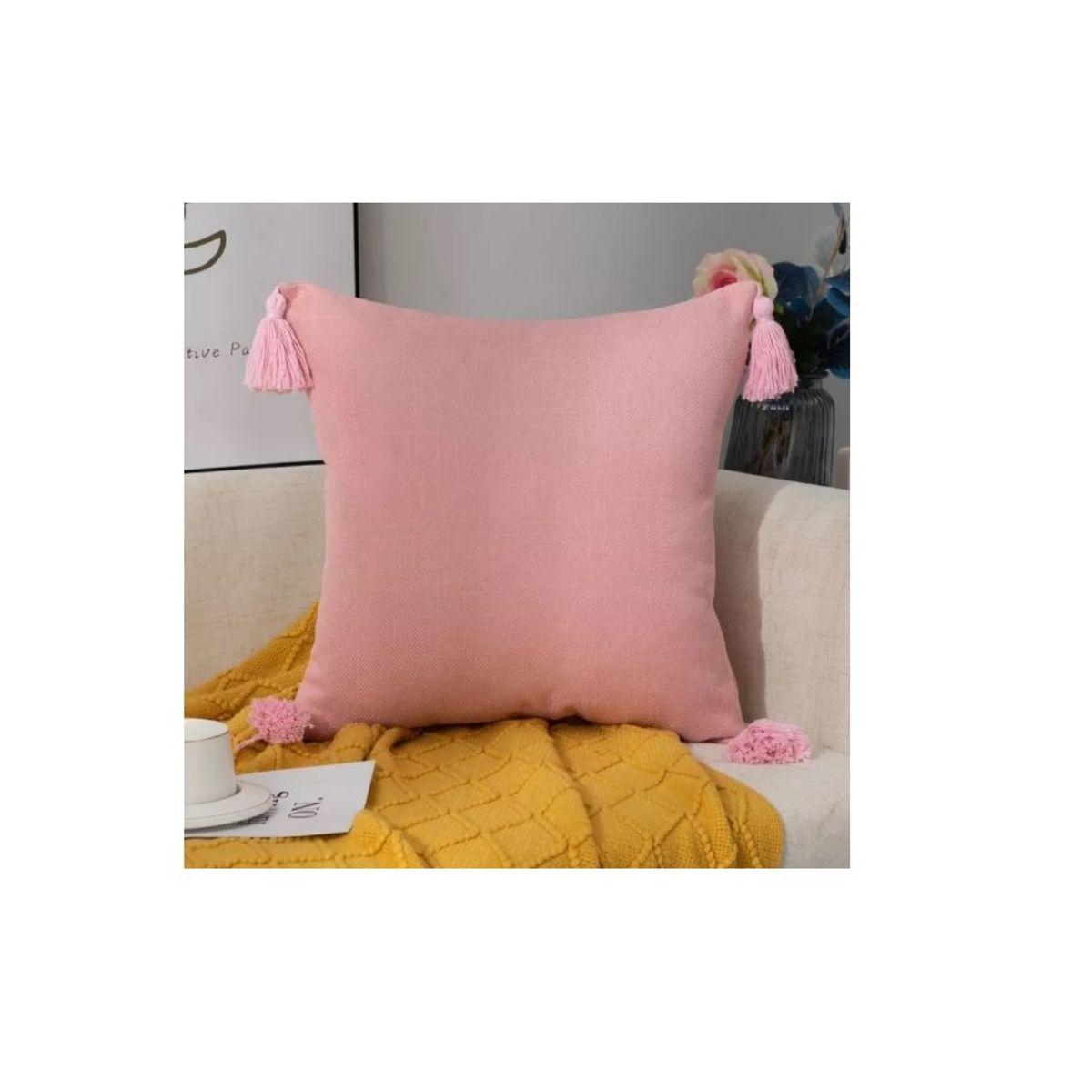 GENERICO - Pack 2 Fundas Para Cojin De Lino Con Pompones 45x45cm Rosa