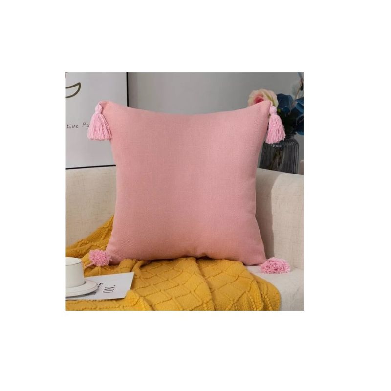GENERICO - Pack 2 Fundas Para Cojin De Lino Con Pompones 45x45cm Rosa