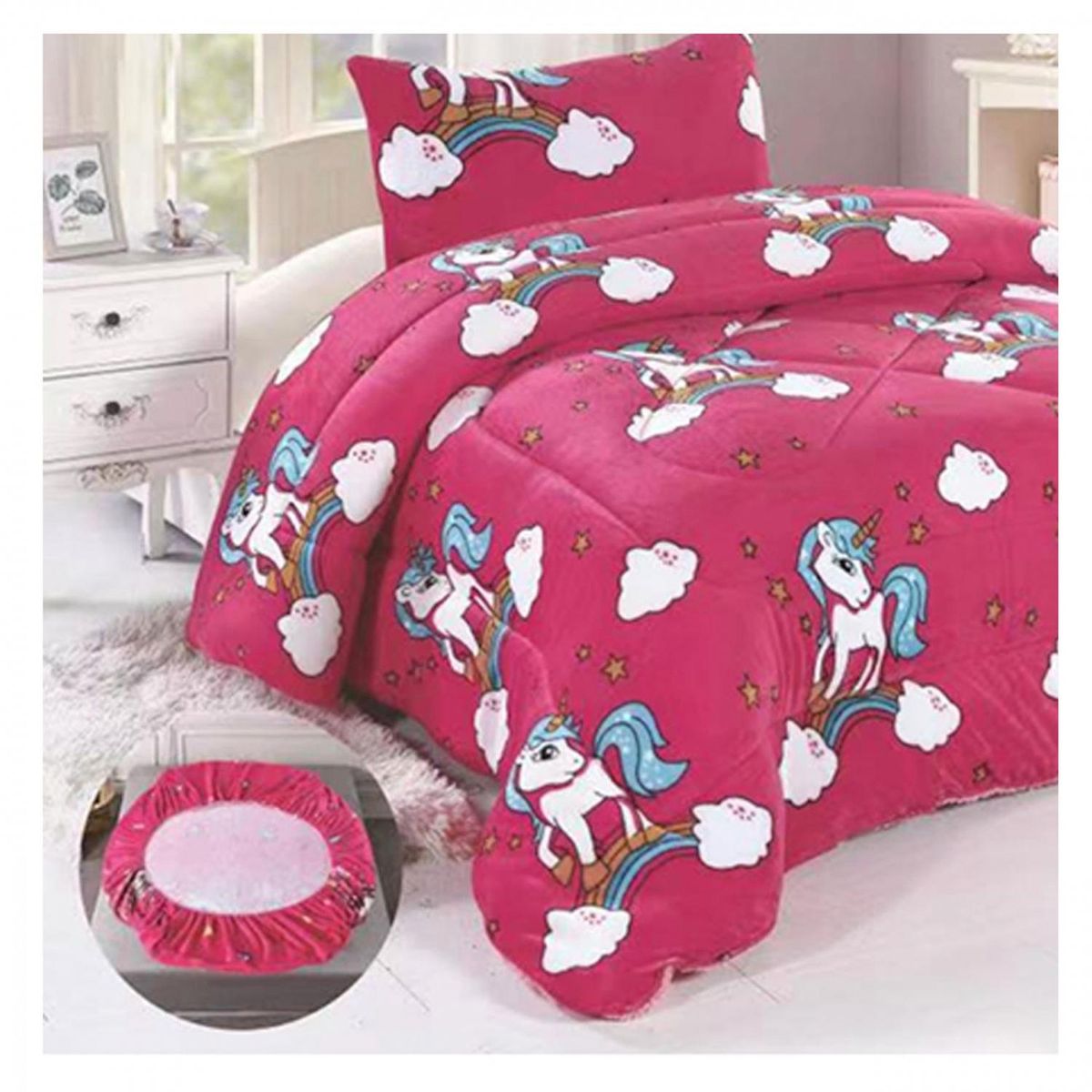 GENERICO - Cobertor Chiporro y Sabana Bajera Polar Infantil 1.5 Plazas Unicornio