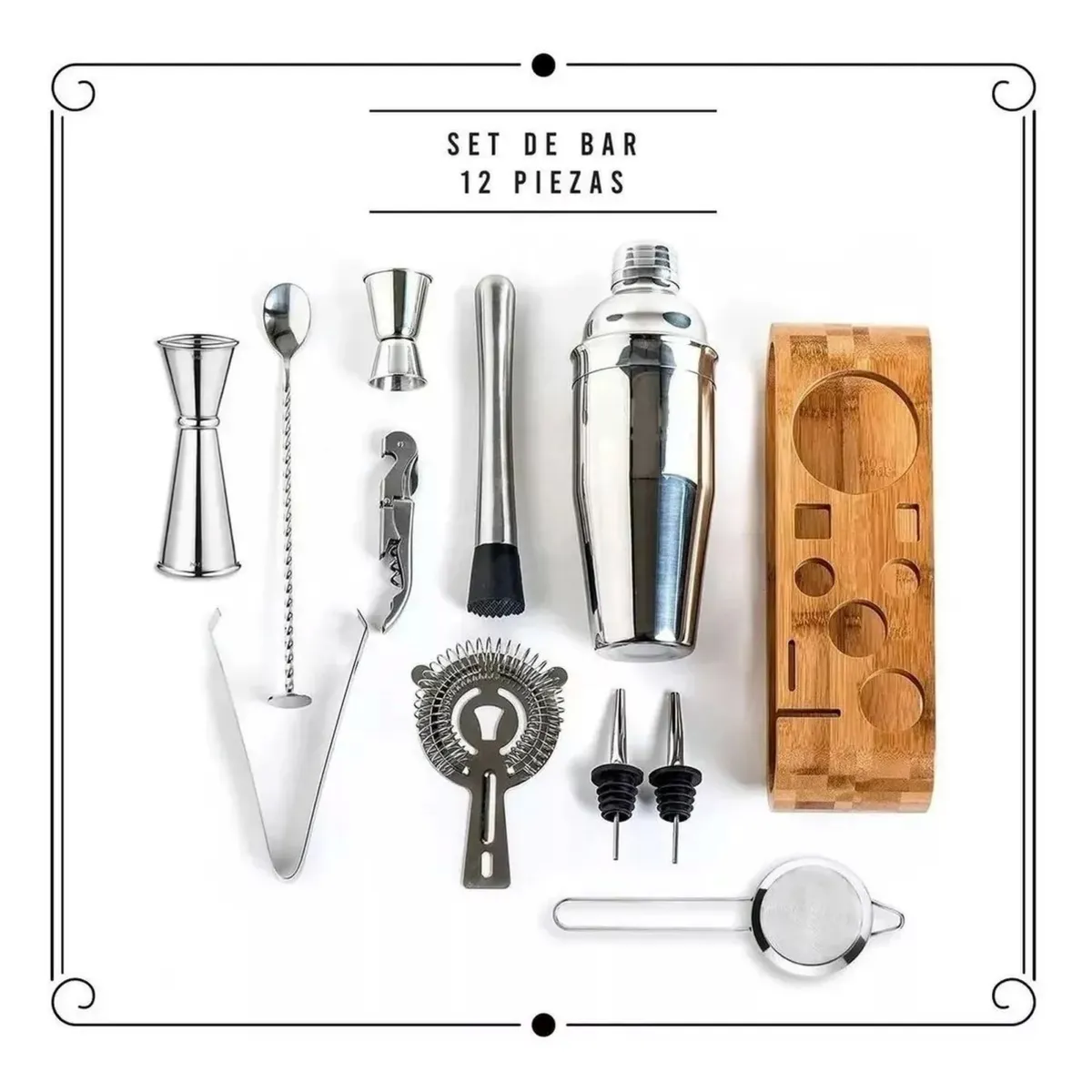 MUNDO MAGIA - Juego Coctelera Set Utensilios Bar Inoxidable 12 Pzs