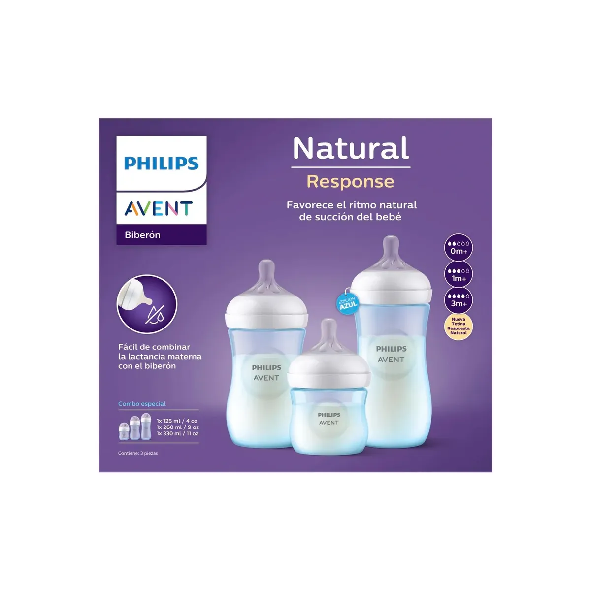 AVENT - Set 3 Mamaderas Avent Natural SCD838/29 125+260+330ml Azul