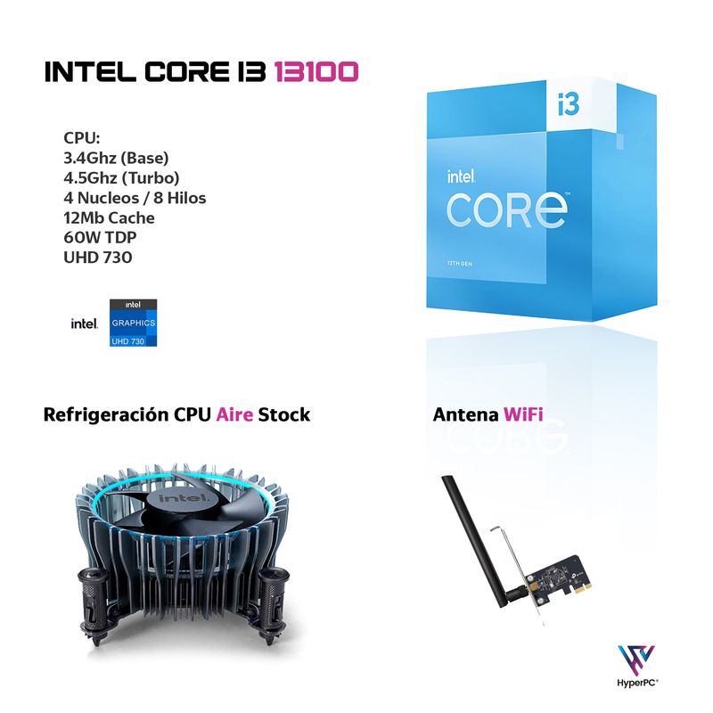 HYPERPC - PC oficina mini: INTEL CORE i3 13100 16gb DDR5 1Tb UHD 730 WiFi