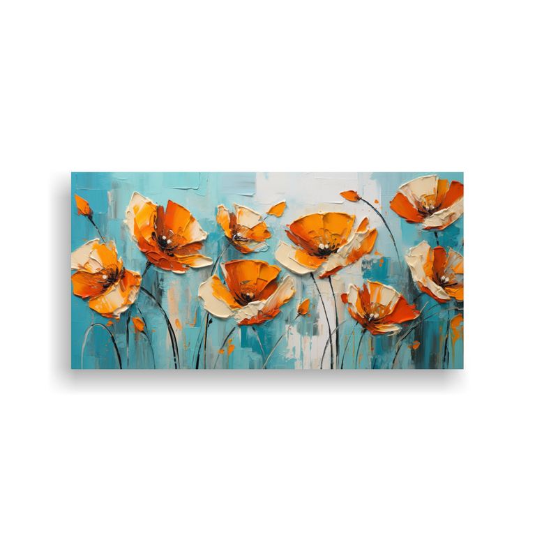 GENERICO - Pintura En Lienzo De Flores En Colores Turquesa Y Naranja, A 160x80cm