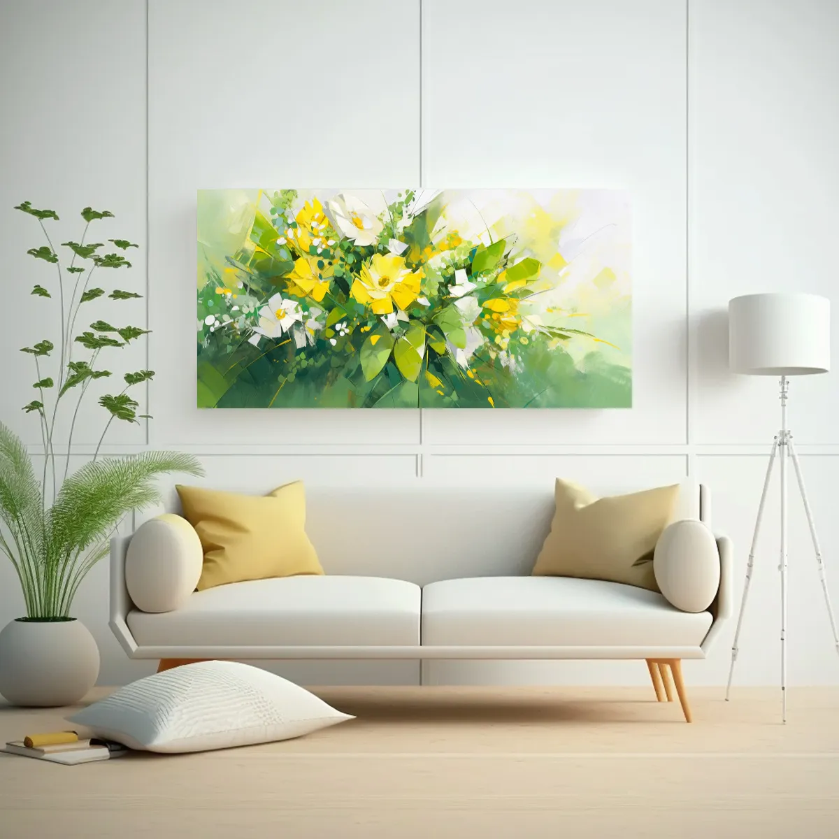 GENERICO - Cuadro Movimiento Mágico De Flores Amarillas Y Verdes En Li 160x80cm.