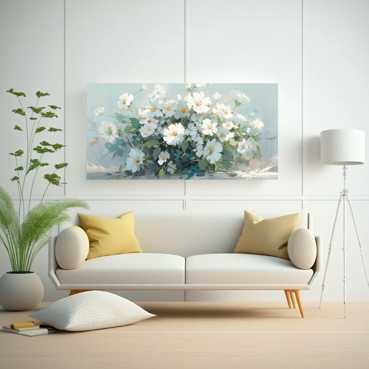 GENERICO - Pintura De Flores Blancas Y Turquesas En Lienzo Arte Concept 160x80cm