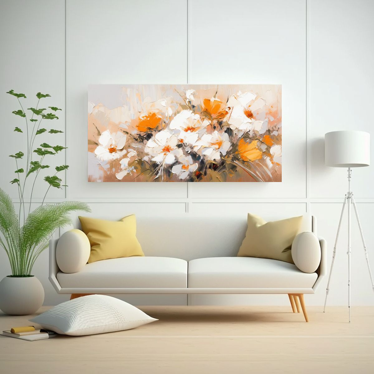 GENERICO - Pintura De Flores Blancas Y Naranjas En Lienzo De Baño Con  160x80cm.