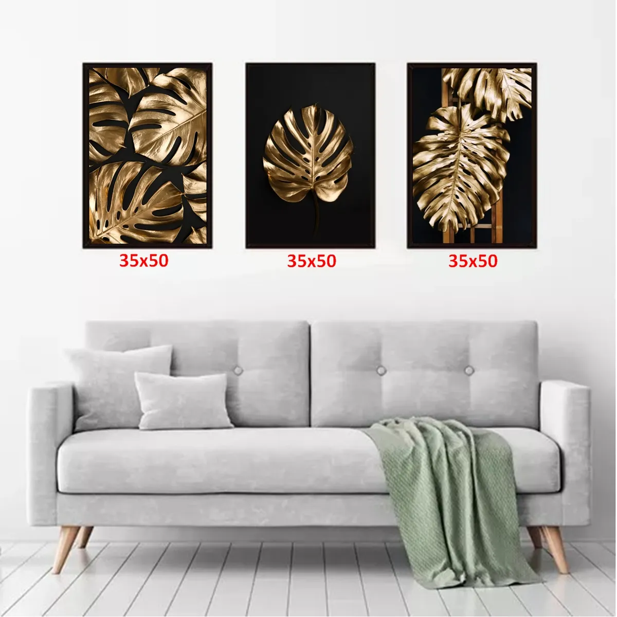 GENERICO - Cuadros Decorativos Hojas Doradas Pack X 3 Uds. 35x50 Cm C/u