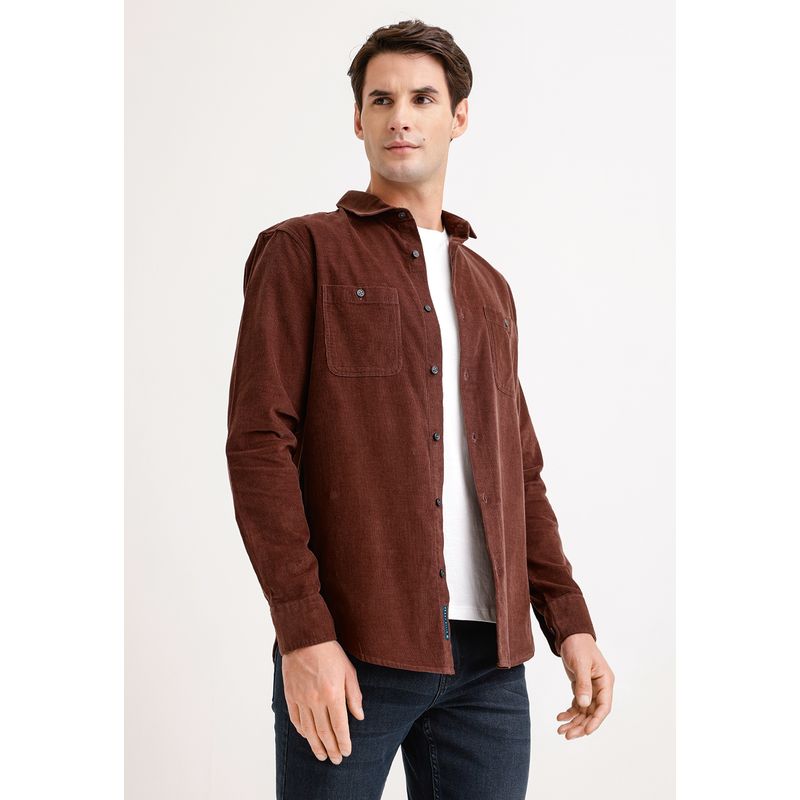 PERRY ELLIS - Camisa Hombre Manga Larga Micro Cotelé Cafe Perry Ellis