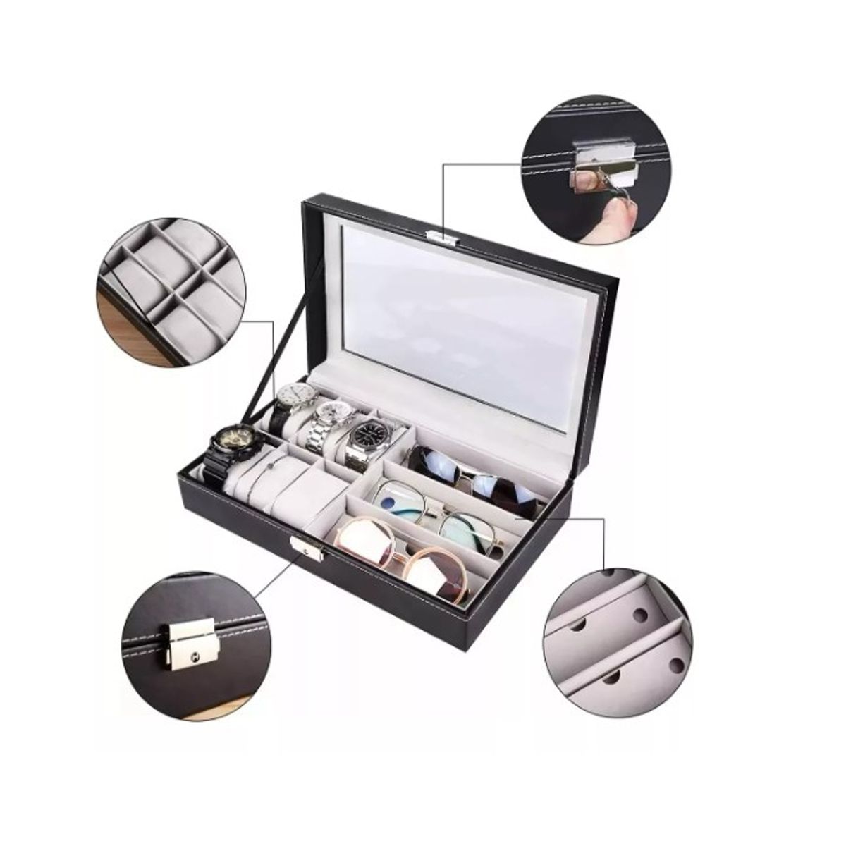 GENERICO - Organizador Estuche Caja 6 Relojes 3 Lentes Exhibidor