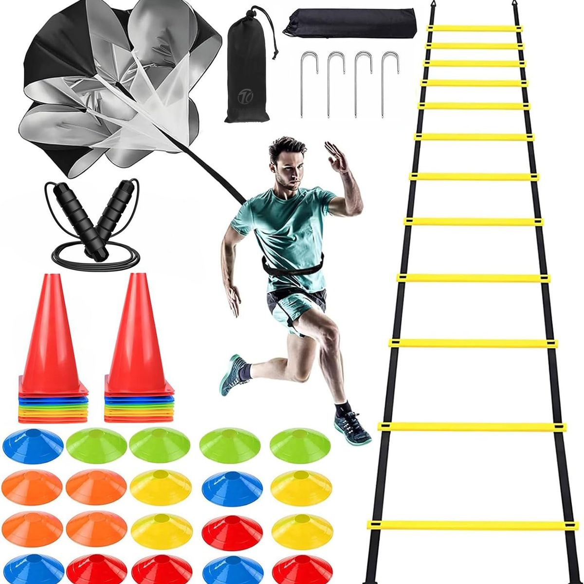 TNAKIEX - Kit De 20 Platos+20 Conos+1 Paracaídas+1 Escalera Agilidad