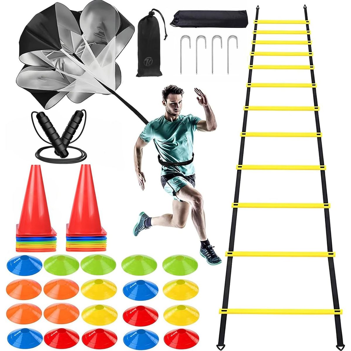 TNAKIEX - Kit De 20 Platos+20 Conos+1 Paracaídas+1 Escalera Agilidad