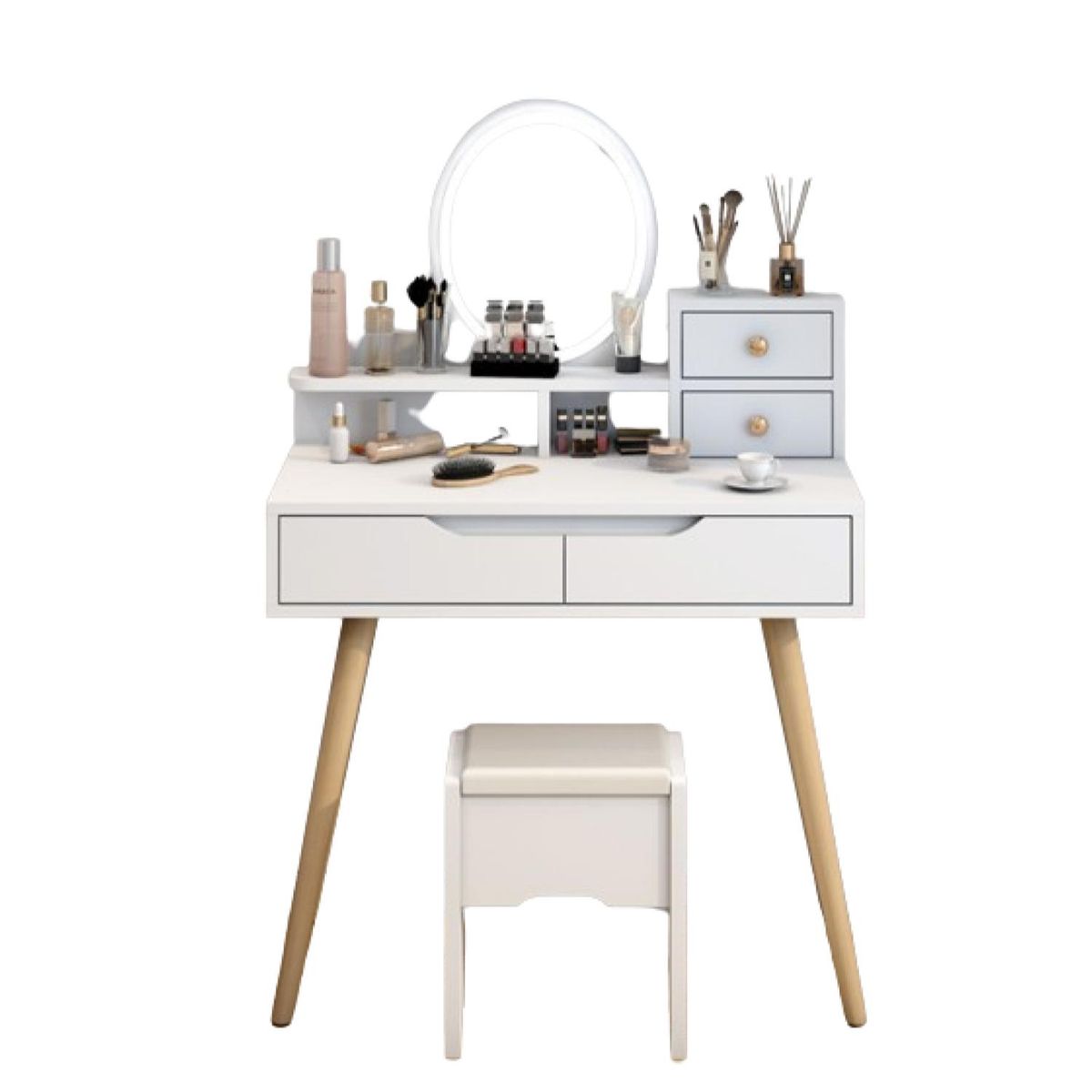 HOMER DESIGN - Tocador Con Espejo De Luz Led Y Taburete Blanco 80x40x130cm