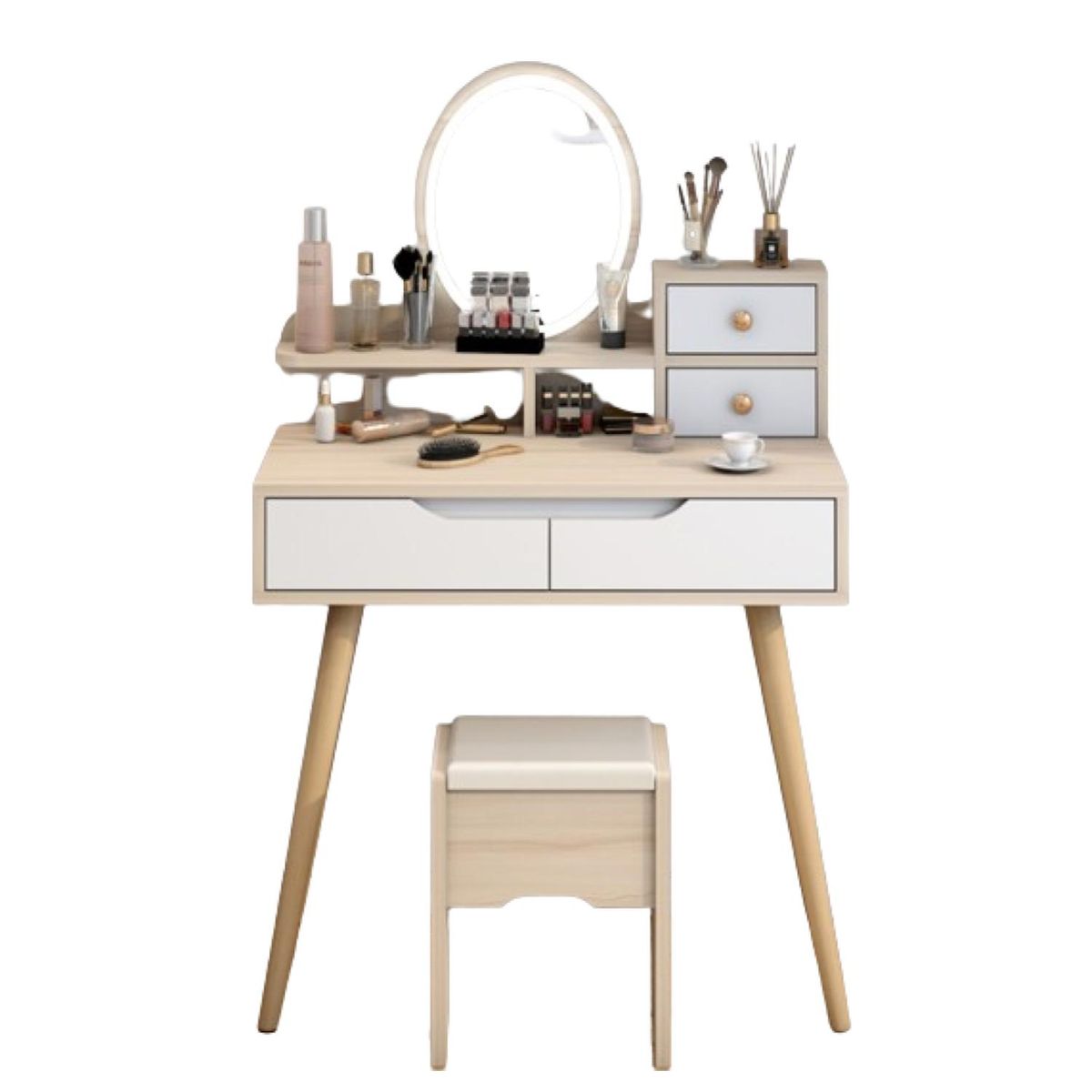 HOMER DESIGN - Tocador Con Espejo De Luz Led Y Taburete Arce 80x40x130cm