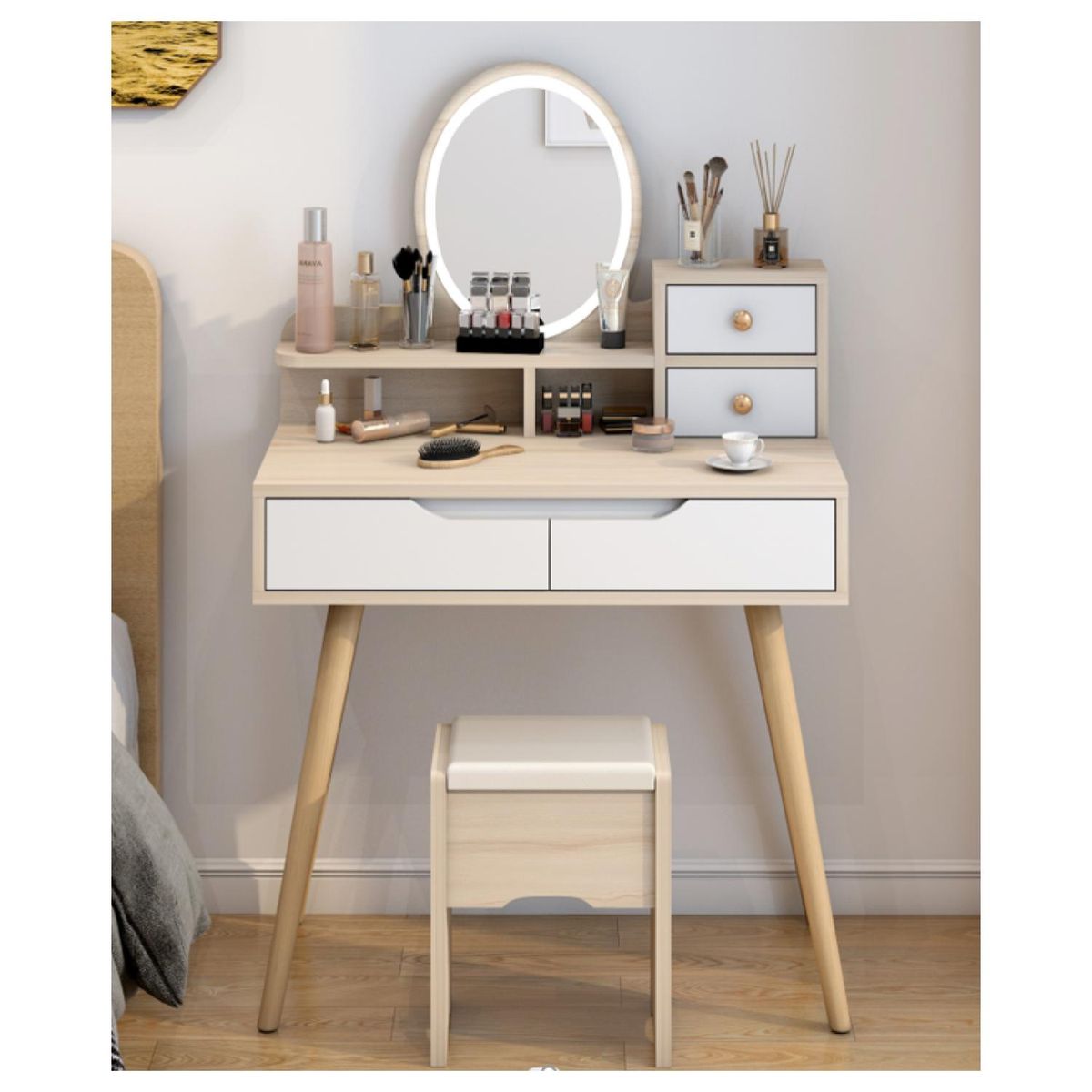 HOMER DESIGN - Tocador Con Espejo De Luz Led Y Taburete Arce 80x40x130cm