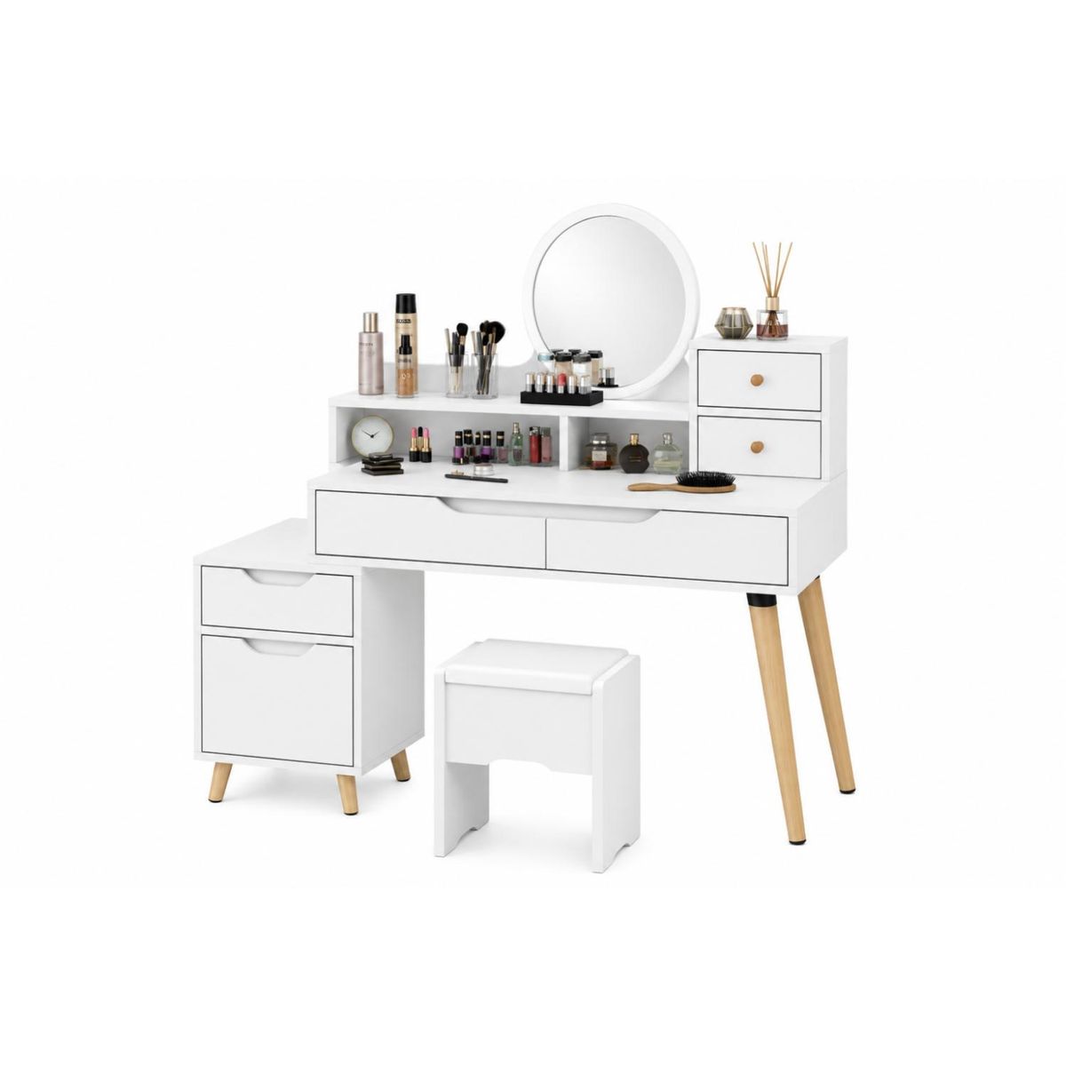 HOMER DESIGN - Tocador de Maquillaje con Espejo LED + Taburete Blanco Moderno