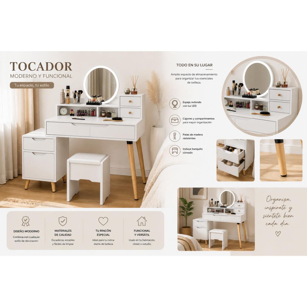 HOMER DESIGN - Tocador de Maquillaje con Espejo LED + Taburete Blanco Moderno