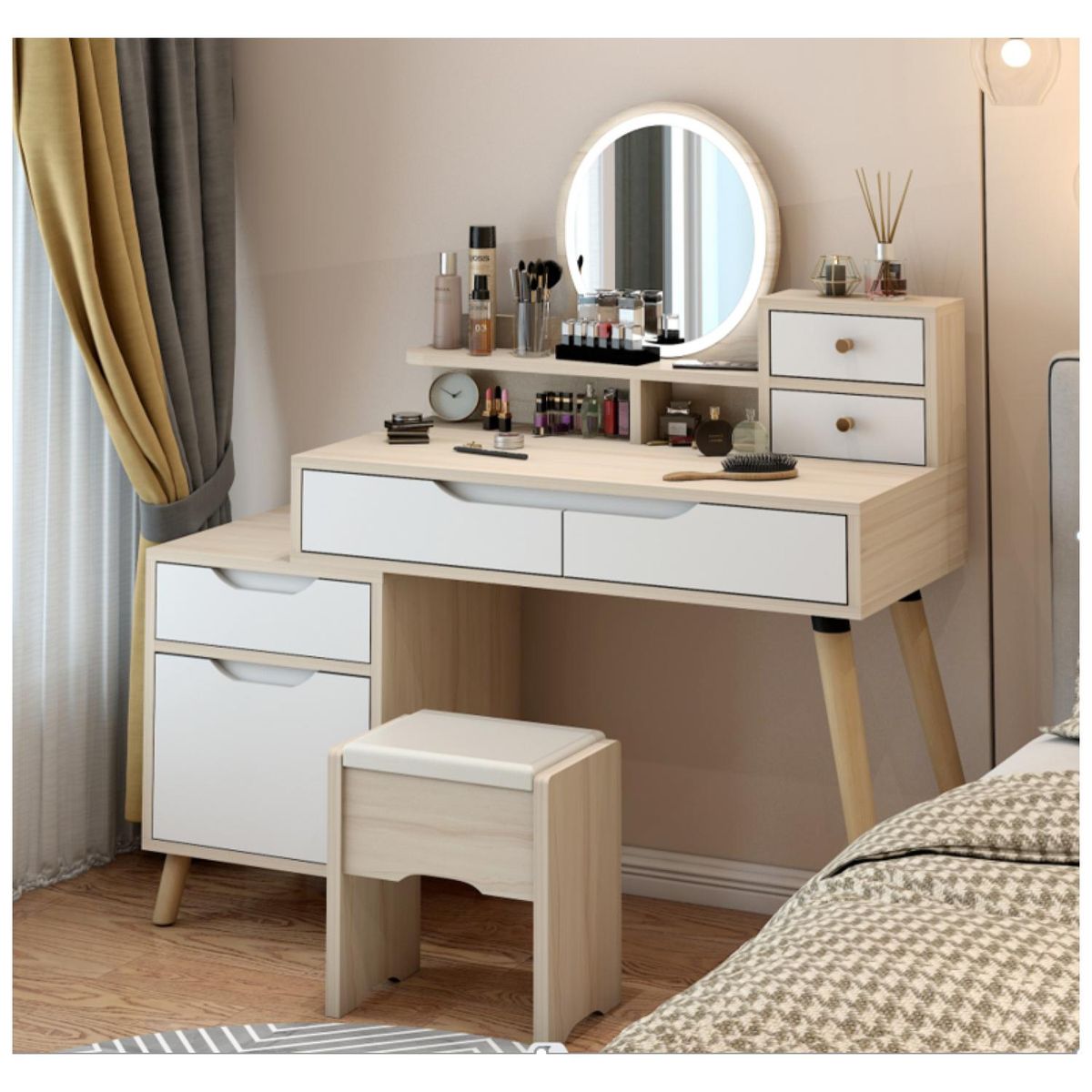 HOMER DESIGN - Tocador Con Espejo De Luz Y Taburete Comoda Extendible Arce