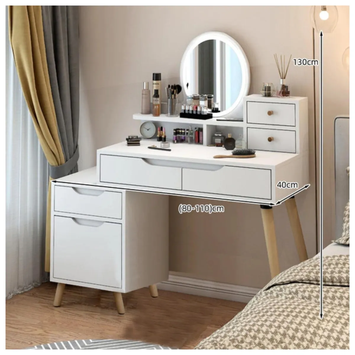 HOMER DESIGN - Tocador Con Espejo De Luz Y Taburete Comoda Extendible Blanco