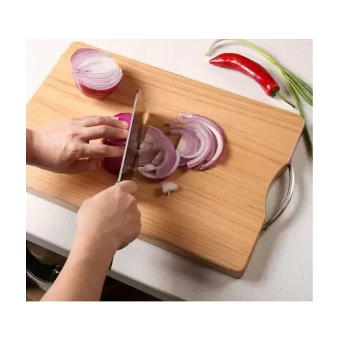 GENERICO - Tabla De Cortar Alimentos De Madera Bambú Mango De Aluminio 38 x 28 cm