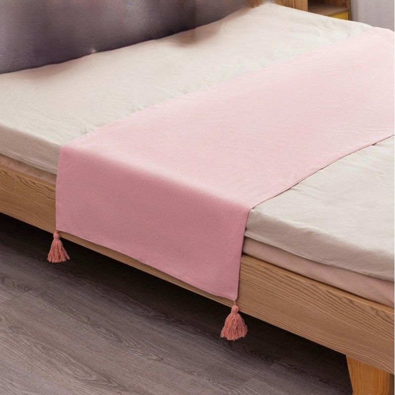GENERICO - Piecera Para Cama 2 Plaza - King En Lino Pompones 70x210cm - Rosa
