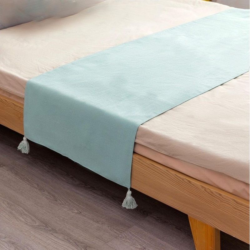GENERICO - Piecera Para Cama 2 Plaza - King En Lino Pompones 70x210cm - Agua
