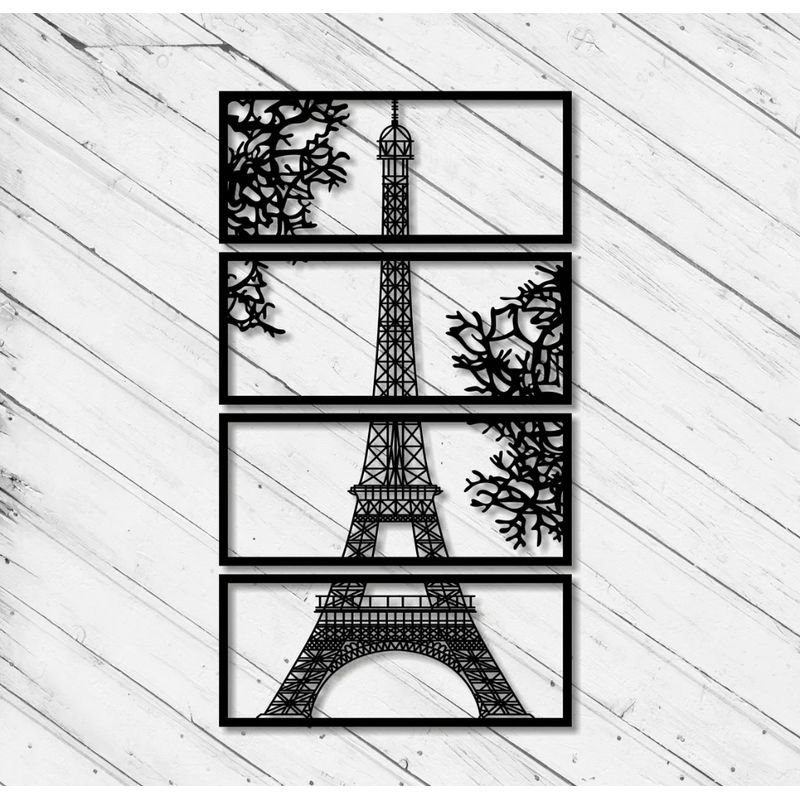 GENERICO - Cuadro Decorativo Torre Eiffel Pack 4 Piezas Madera Mdf