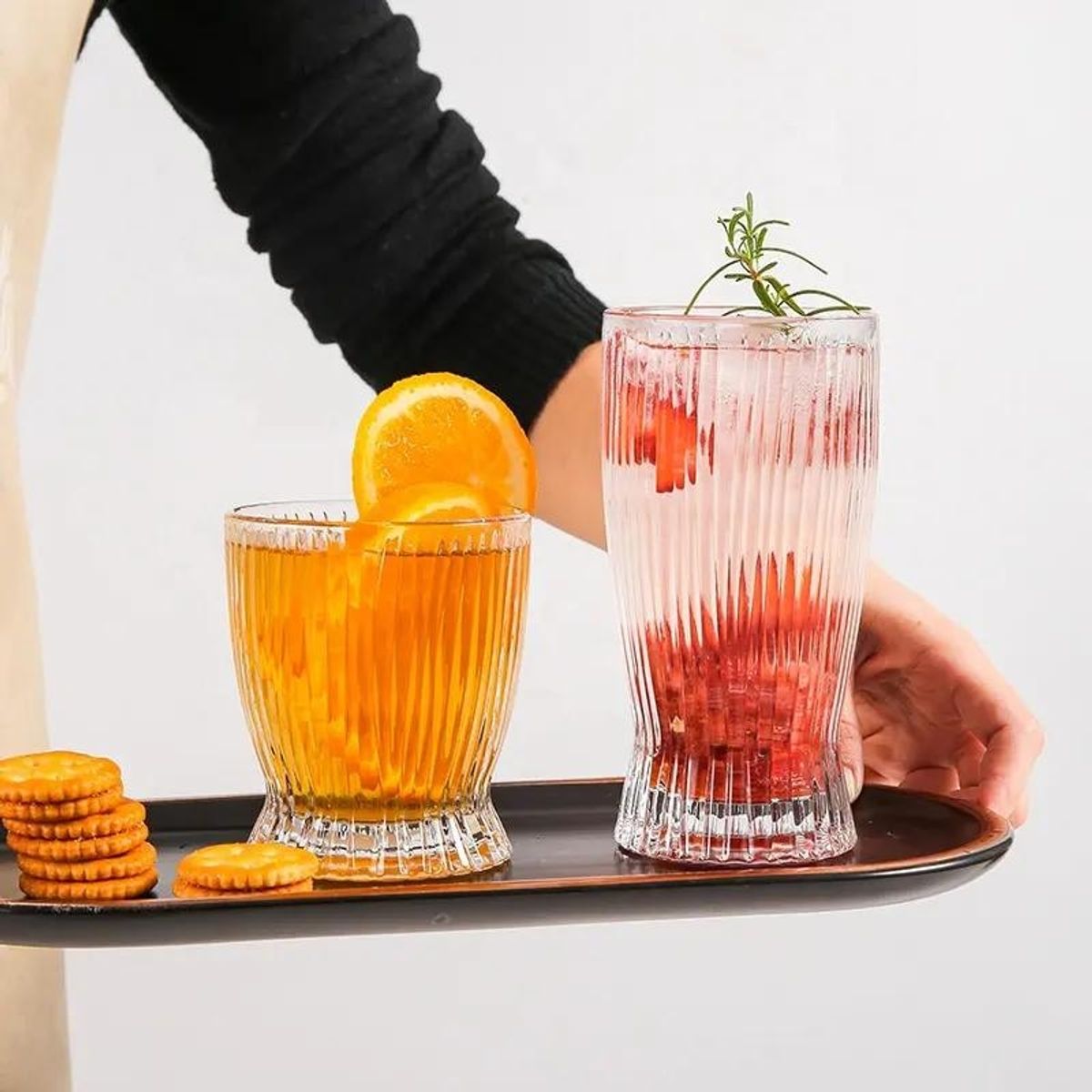 GENERICO - Set 12 Vasos de cristal 6 de 290ml 6 de 350ml con diseño de rayas