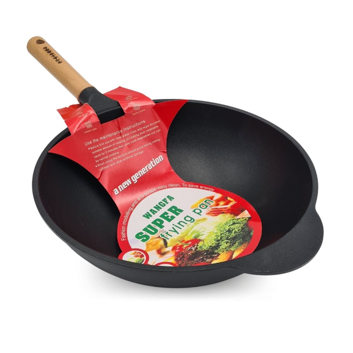 GENERICO - Wok chino 32cm mango madera aluminio fundido antiadherente