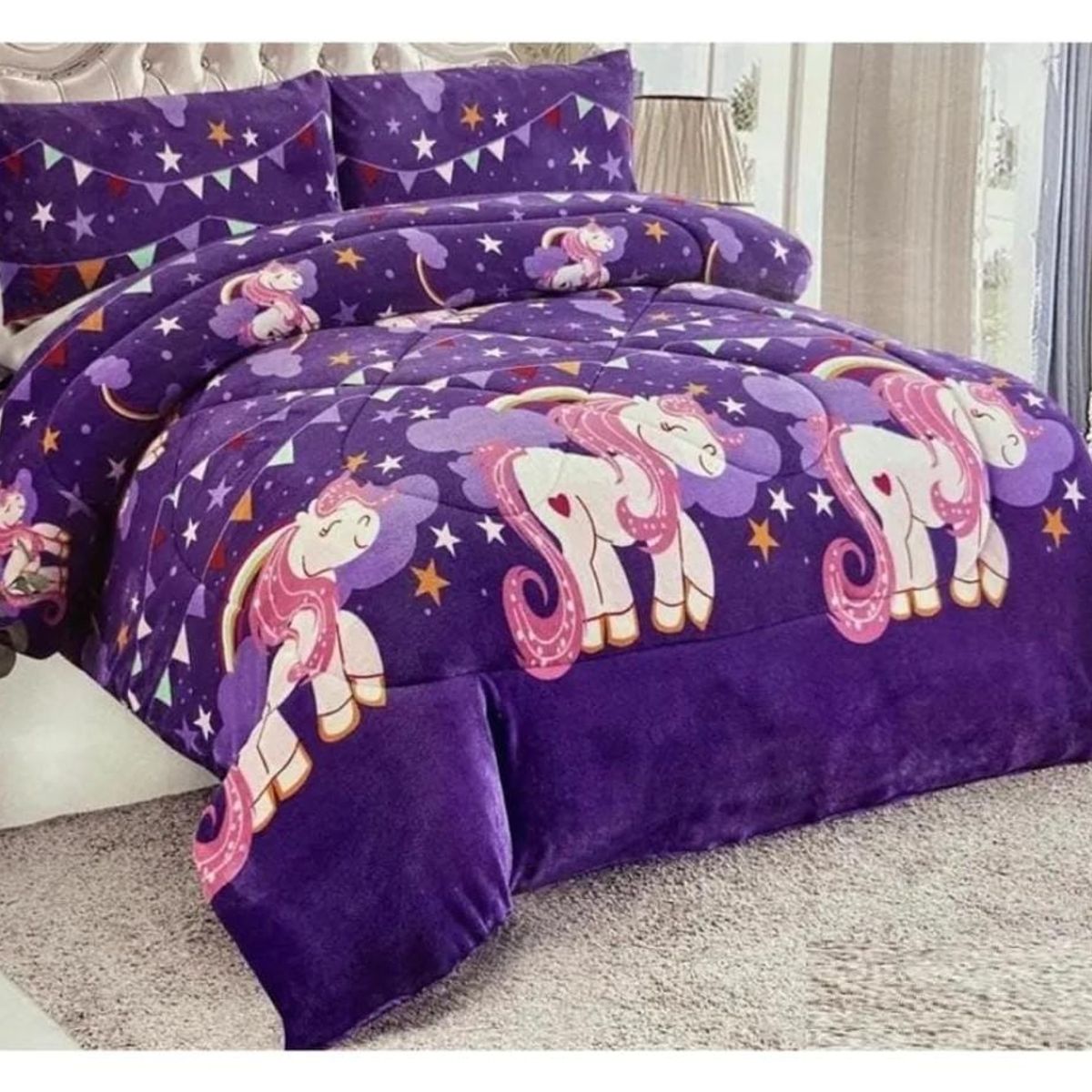 GENERICO - Plumon Sherpa Cobertor de invierno plush y chiporro Niña 1,5 plaza Unicornios