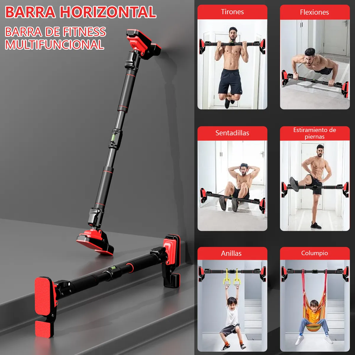 AIZO - AIZO Barra Dominadas Ajustable Tubo Grueso Negro  500kg