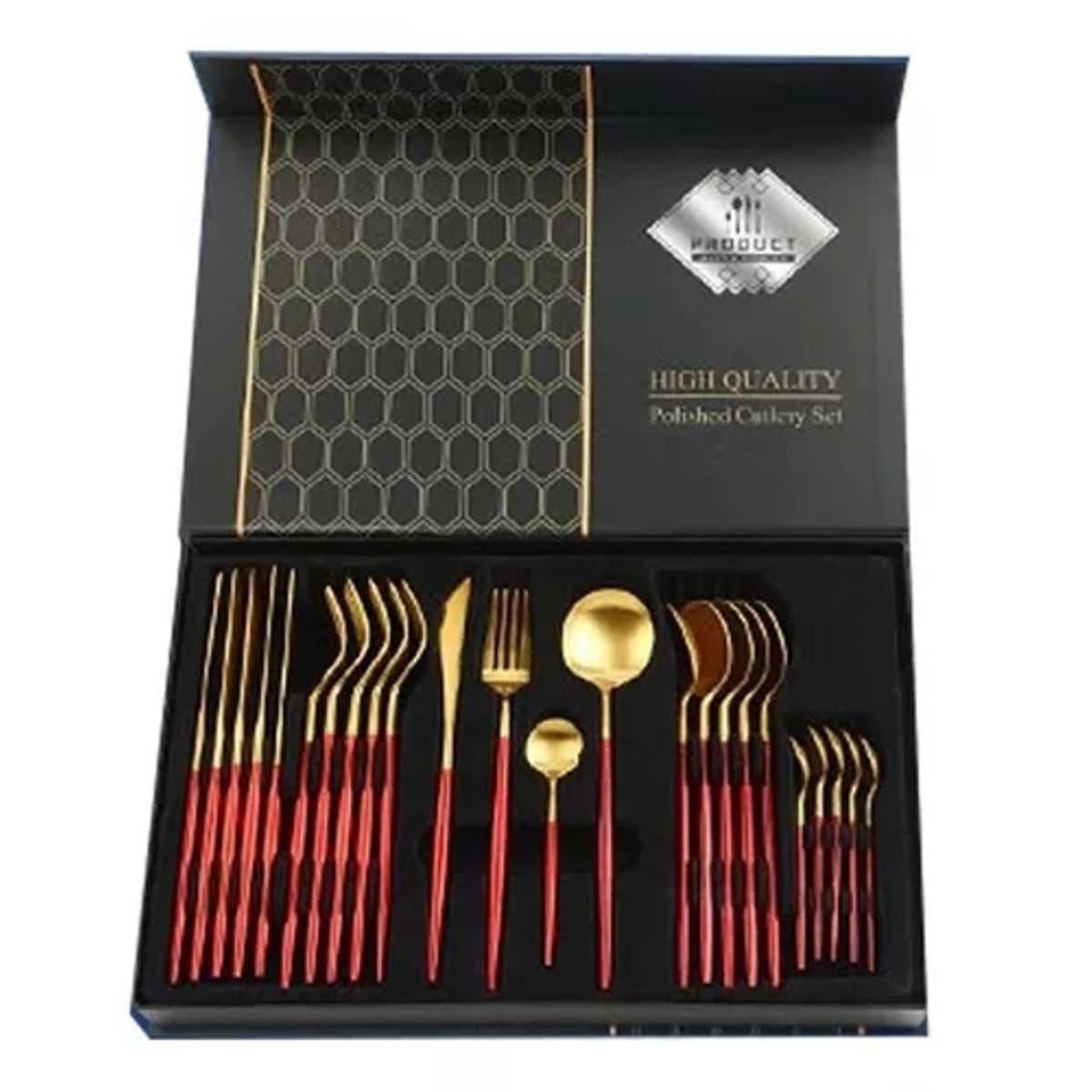 GENERICO - Set De Servicios Acero Inoxidables Tornasol Negro Dorado 24p