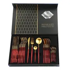 GENERICO - Set De Servicios Acero Inoxidables Tornasol Negro Dorado 24p