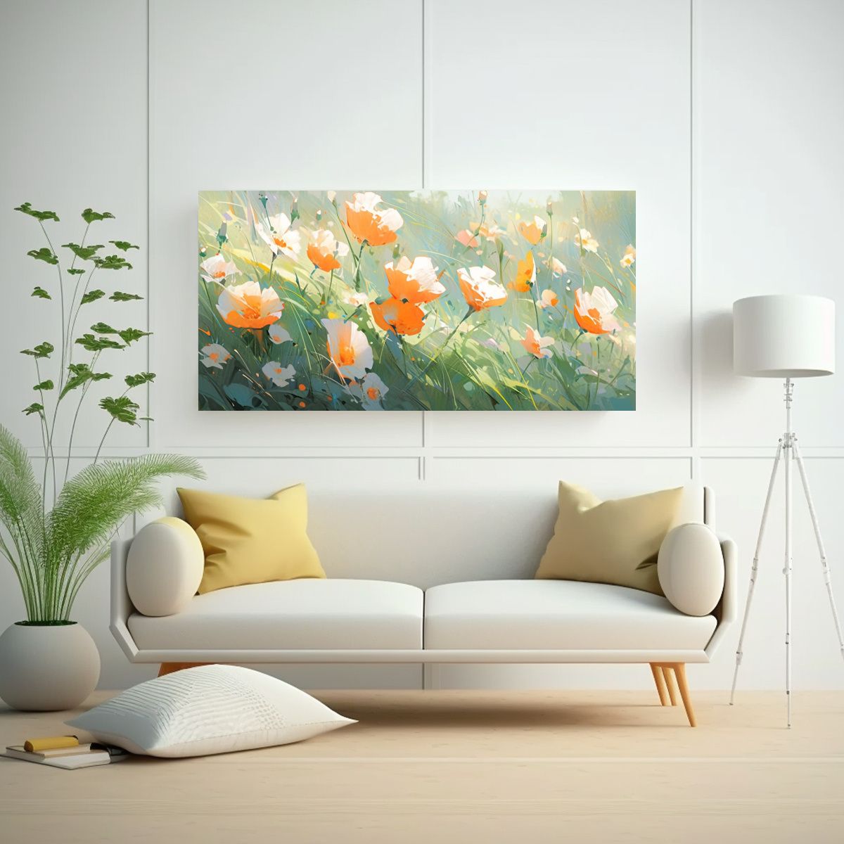 GENERICO - Cuadro Pop Art Creativo: Flores Verdes Y Naranjas En Lienzo  160x80cm.