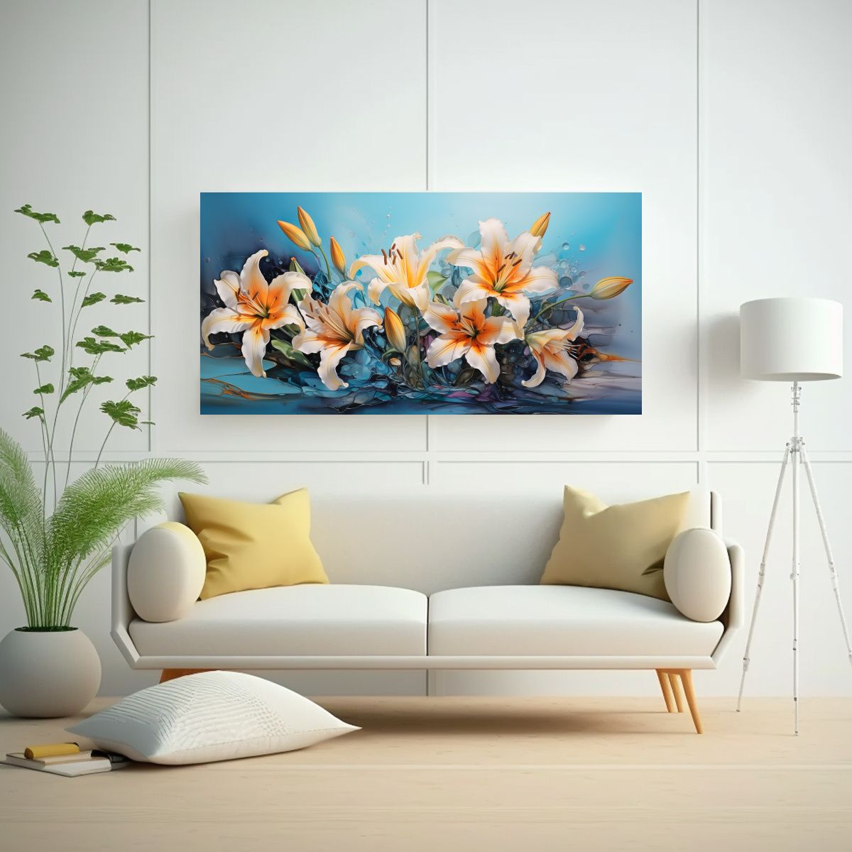 GENERICO - Pintura Abstracta De Flores De Lirios En Colores Turquesa Y  160x80cm