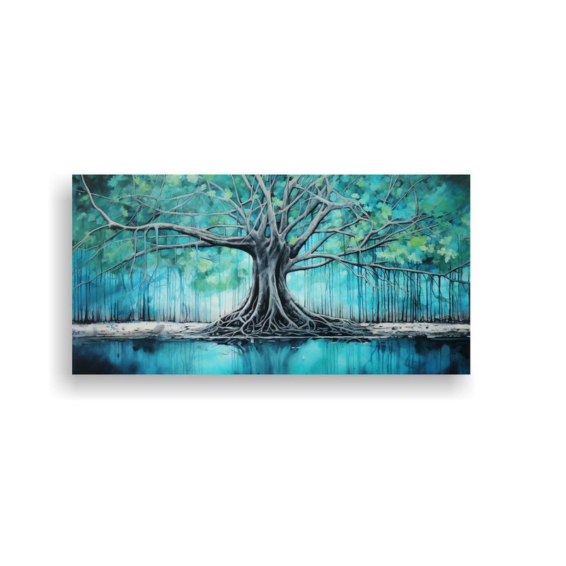 GENERICO - Pintura Abstracta Relieve De árbol Banyan En Colores Turque 160x80cm
