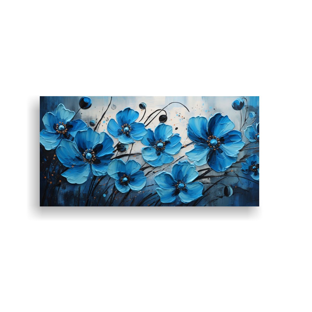 GENERICO - 1 Cuadro Concepto Relieve: Flores En Negro Y Azul En Lienzo 160x80cm