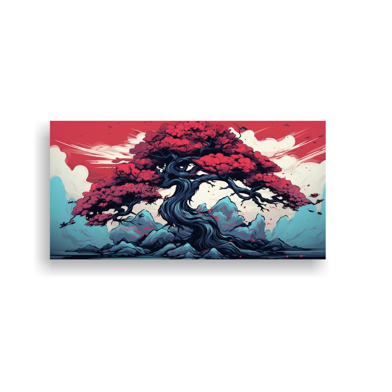 GENERICO - Cuadro Diseño Elegante: Árbol Bonsái En Colores Rojo Y Az 160x80cm