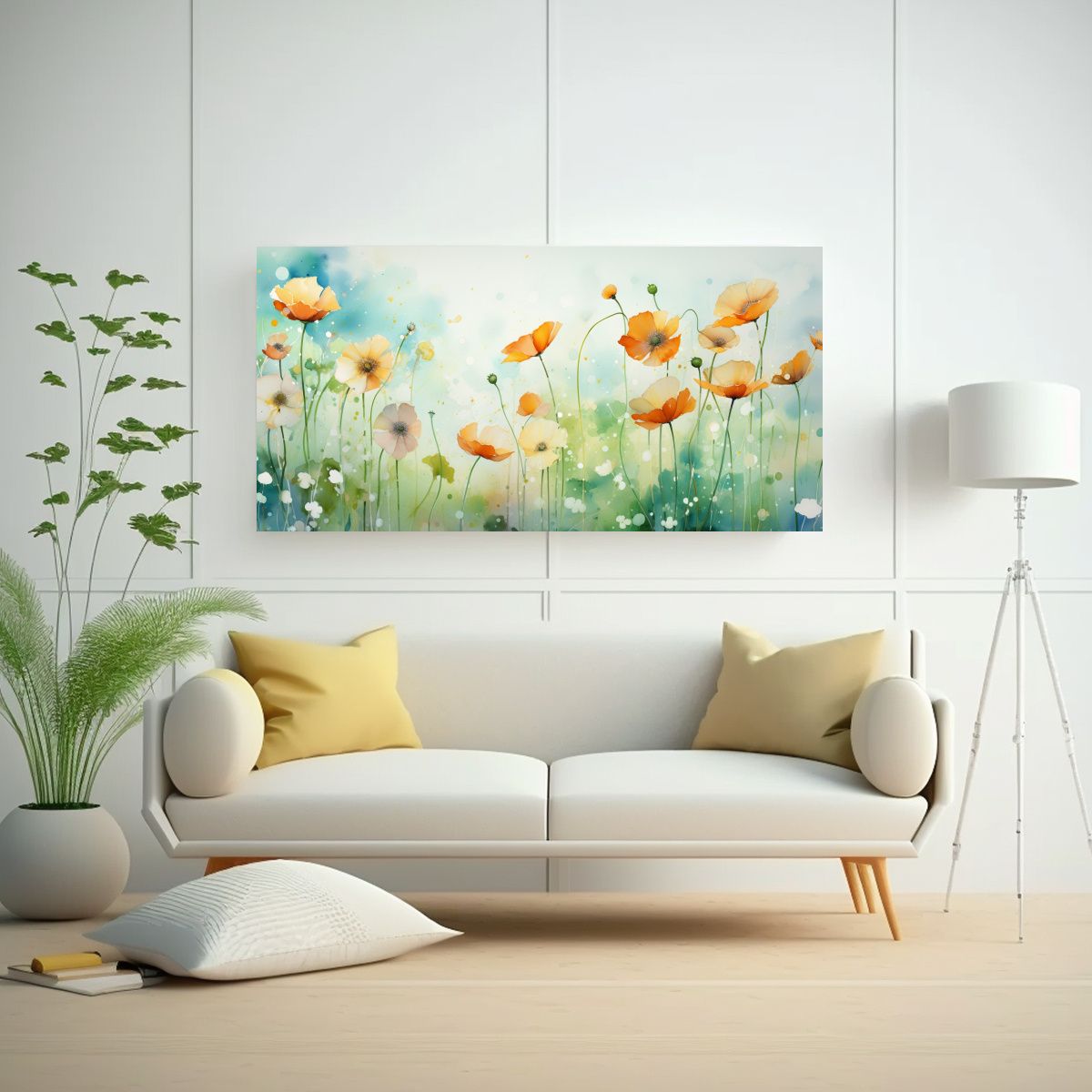 GENERICO - Cuadro Impreso Minimalista A Buttercups Flores Verde Y Naran 160x80cm.