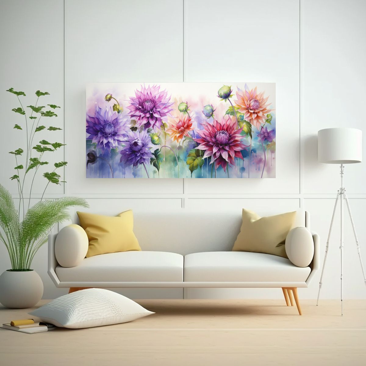 GENERICO - Cuadro Intenso De Flores Dahlias En Colores Verde Y Morado 160x80cm