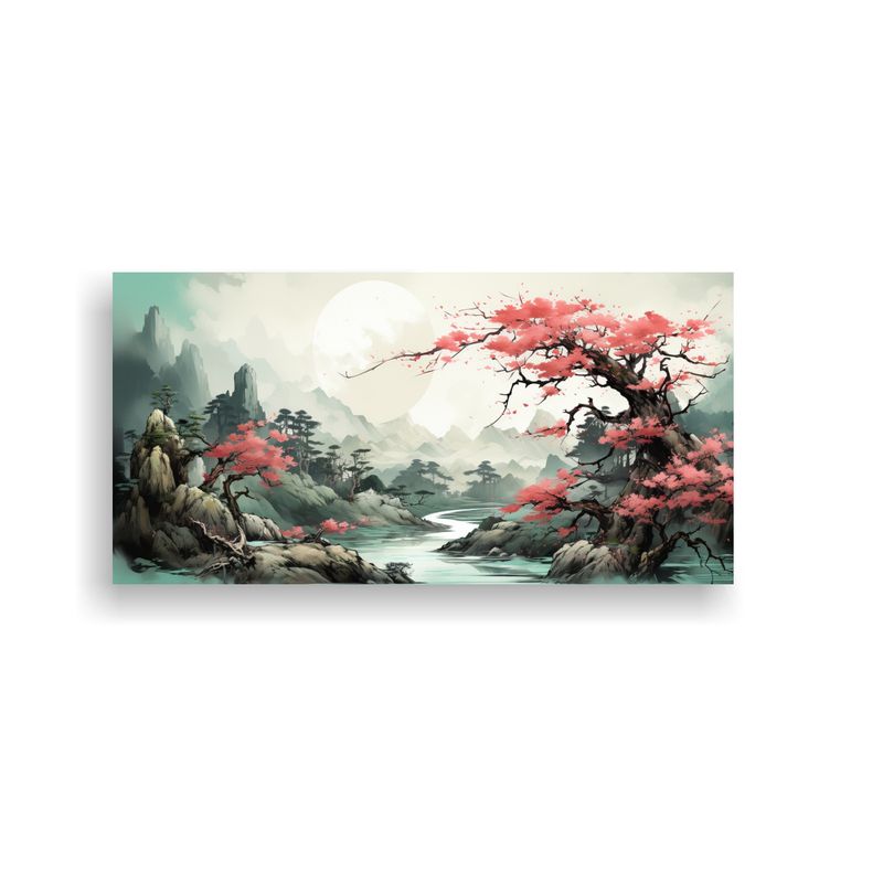 GENERICO - Cuadro Acuarela árbol De Durazno En Colores Verde Y Negro A 160x80cm
