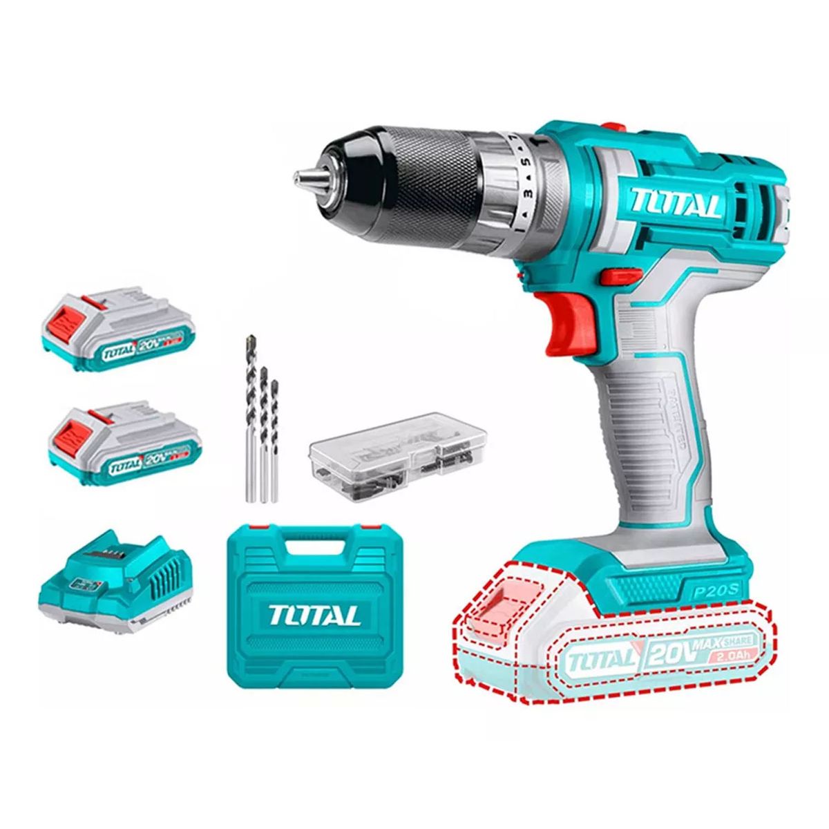 TOTAL TOOLS - Taladro Atornillador Percutor 20v 10mm 2bat+carg Tidli201452