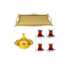 GENERICO - Set Té Turco, 4 Tazas, Azucarero, Bandeja dorado