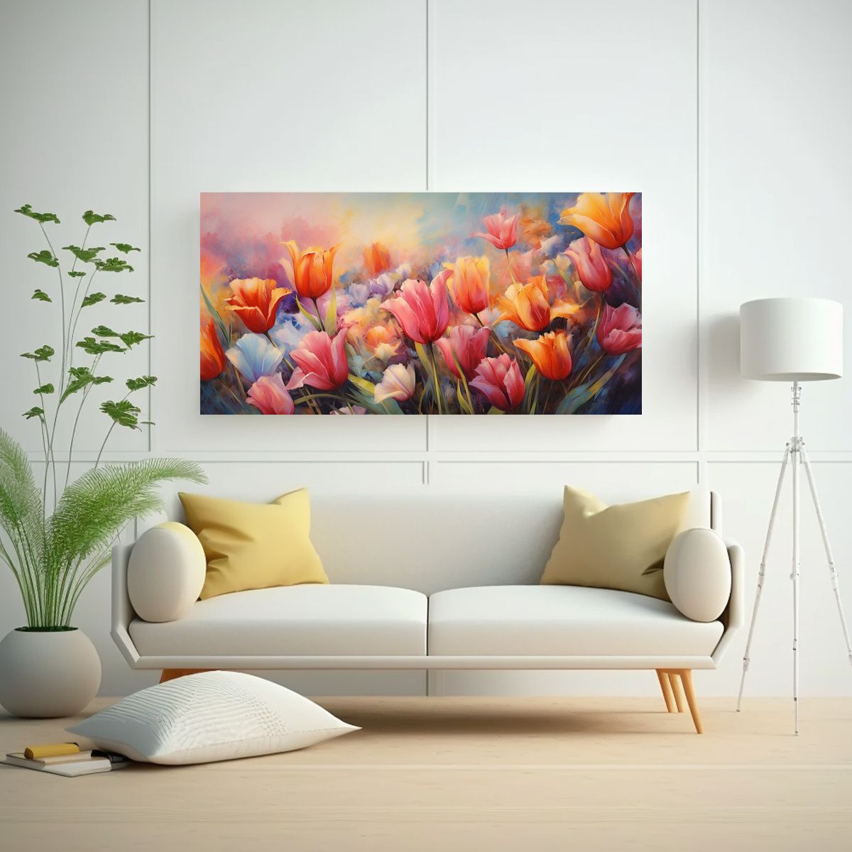 GENERICO - Pintura Abstracta De Tulipanes En Tela De Lienzo Con Textura 160x80cm.