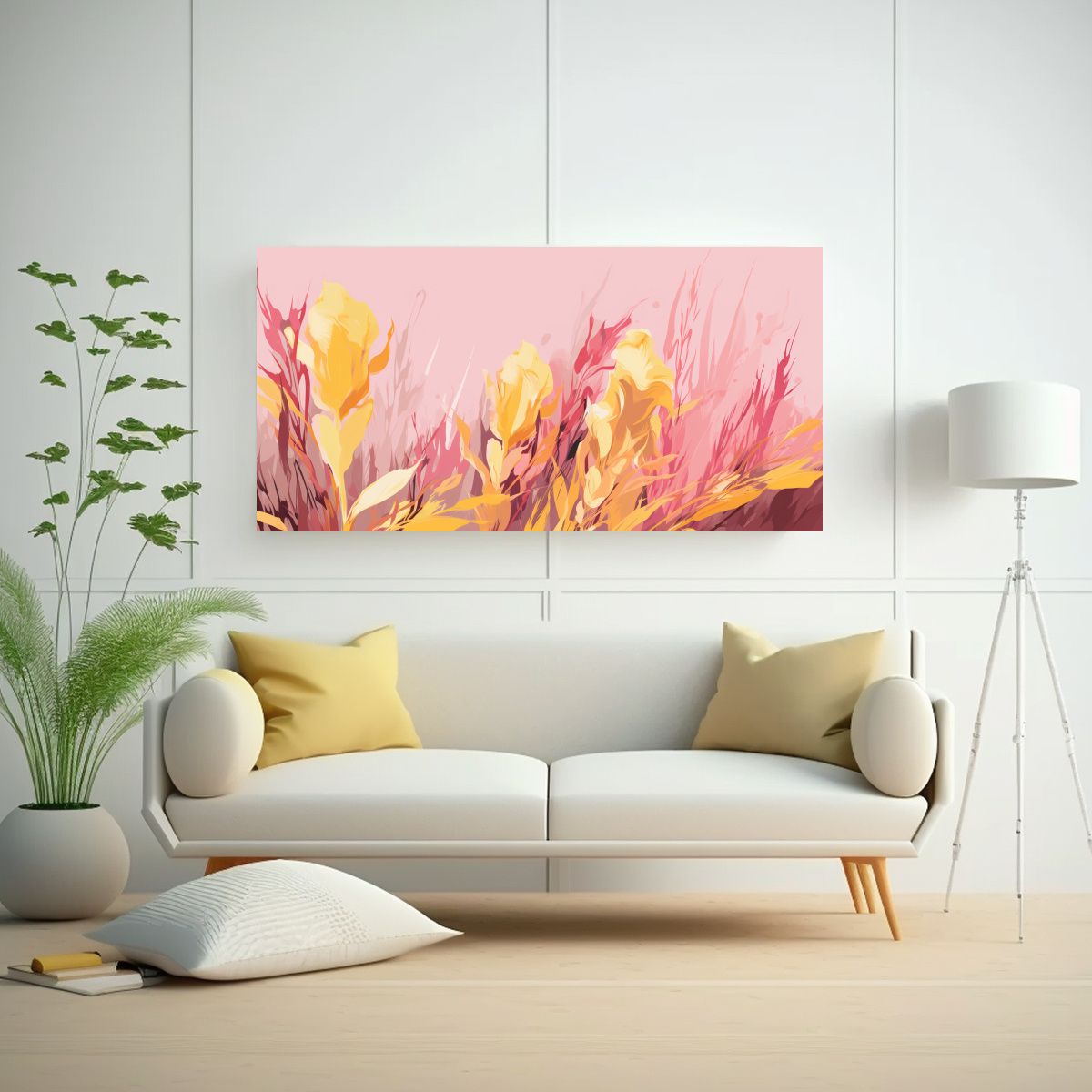 GENERICO - Lienzo De Tela Tema Adorno Hierbas En Amarillo Y Rosa, Atmos 160x80cm.